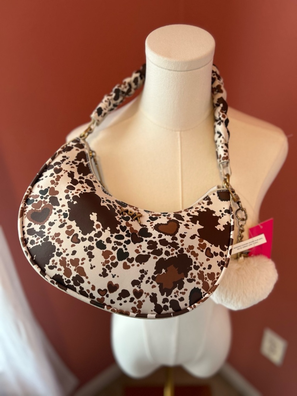 NWT! Betsey Johnson cow print crescent shoulder bag
